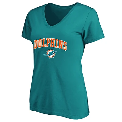 T-shirt à col en V Fanatics Aqua Miami Dolphins pour femmes, grandes tailles, logo arc sur le visage