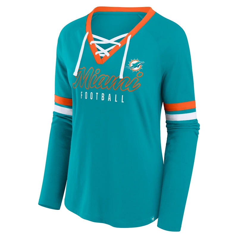 Women's Fanatics Aqua Miami Dolphins Won and Done Lace-Up Raglan T-Shirt