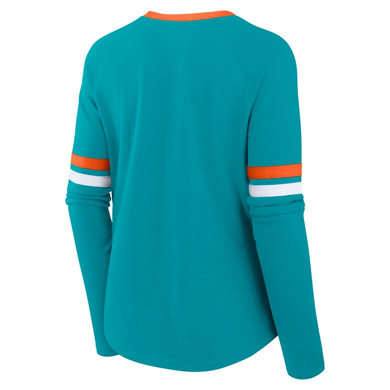 T-shirt raglan à lacets Fanatics Aqua Miami Dolphins Won and Done pour femmes