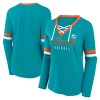 T-shirt raglan à lacets Fanatics Aqua Miami Dolphins Won and Done pour femmes