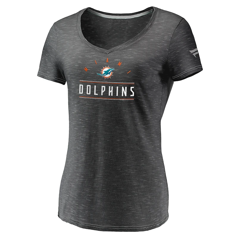 T-shirt à col en V Fanatics Charcoal Miami Dolphins League Leader Space Dye pour femmes