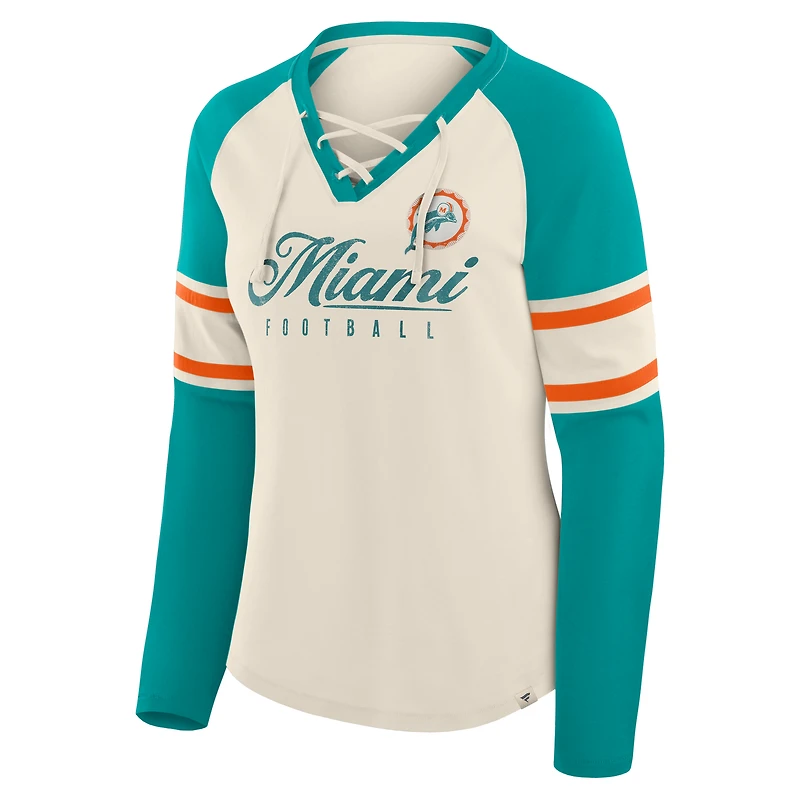 Women's Fanatics Cream/Aqua Miami Dolphins Hometown Gridiron Hero Raglan Lace-Up V-Neck Long Sleeve T-Shirt