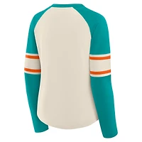 Women's Fanatics Cream/Aqua Miami Dolphins Hometown Gridiron Hero Raglan Lace-Up V-Neck Long Sleeve T-Shirt