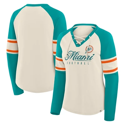 Women's Fanatics Cream/Aqua Miami Dolphins Hometown Gridiron Hero Raglan Lace-Up V-Neck Long Sleeve T-Shirt