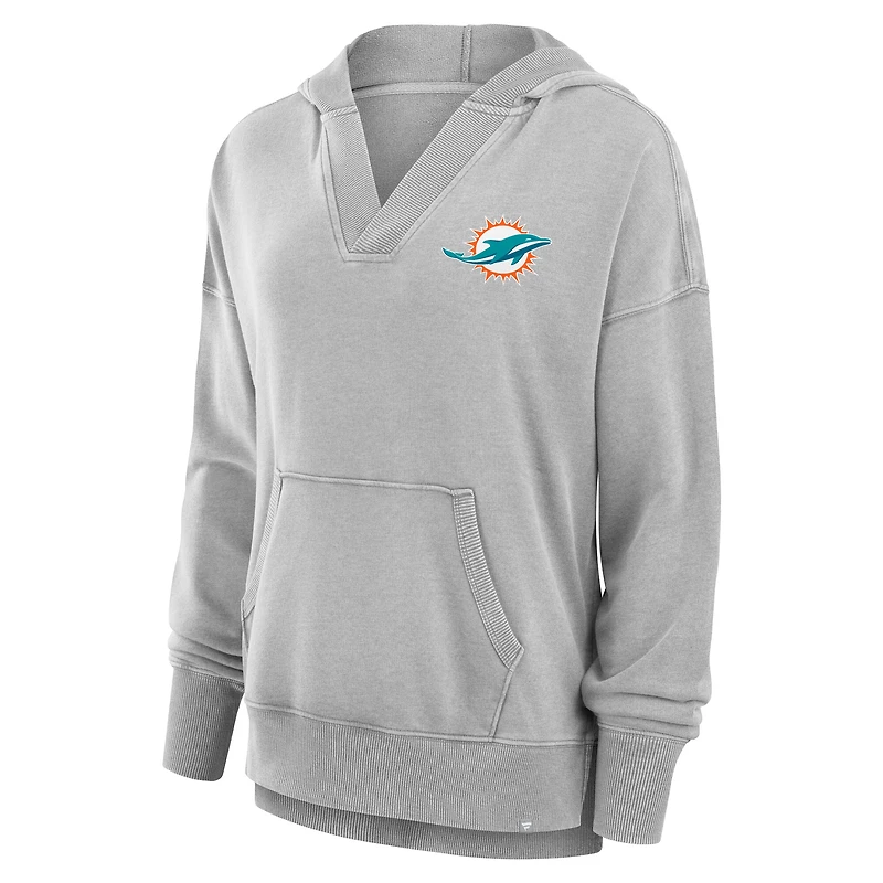 Women's Fanatics  Heather Gray Miami Dolphins Initiative Snow Wash French Terry V-Neck Pullover Hoodie