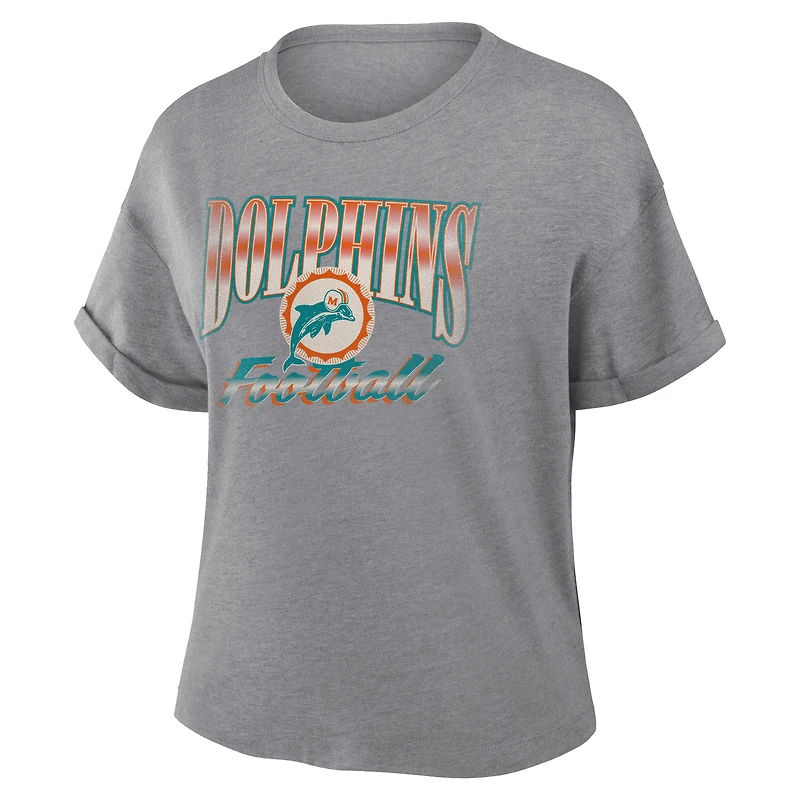 T-shirt boxy Fanatics Heather Gray Miami Dolphins Overplayed Tribute pour femme, en mélange de trois matières