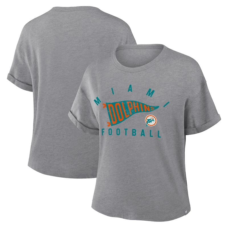 T-shirt boxy tri-blend gris chiné Fanatics pour femme, hommage aux Dolphins de Miami, avec motif Pennant Wave