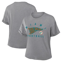 T-shirt boxy tri-blend gris chiné Fanatics pour femme, hommage aux Dolphins de Miami, avec motif Pennant Wave