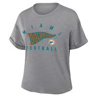 T-shirt boxy tri-blend gris chiné Fanatics pour femme, hommage aux Dolphins de Miami, avec motif Pennant Wave