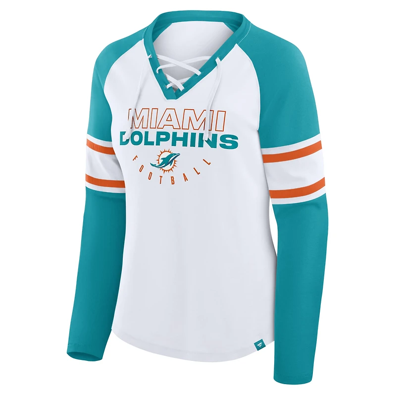 Women's Fanatics White/Aqua Miami Dolphins Redzone Blitz Package Raglan Lace-Up V-Neck Long Sleeve T-Shirt