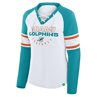 Women's Fanatics White/Aqua Miami Dolphins Redzone Blitz Package Raglan Lace-Up V-Neck Long Sleeve T-Shirt