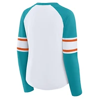 Women's Fanatics White/Aqua Miami Dolphins Redzone Blitz Package Raglan Lace-Up V-Neck Long Sleeve T-Shirt