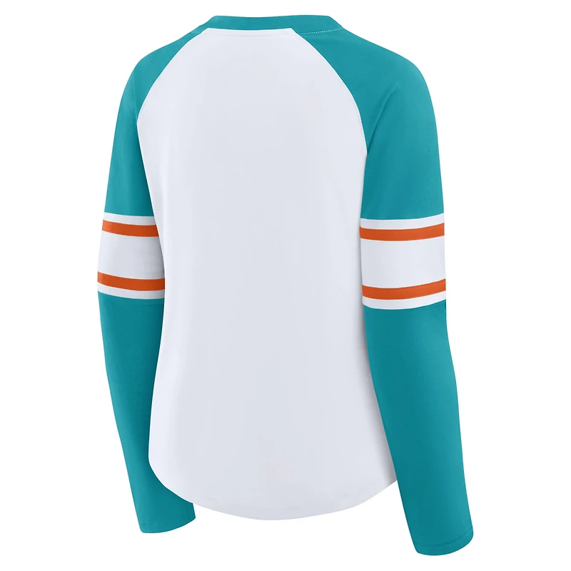T-shirt à manches longues et col en V lacets pour femme Fanatics, blanc/aqua, Miami Dolphins Redzone Blitz Package