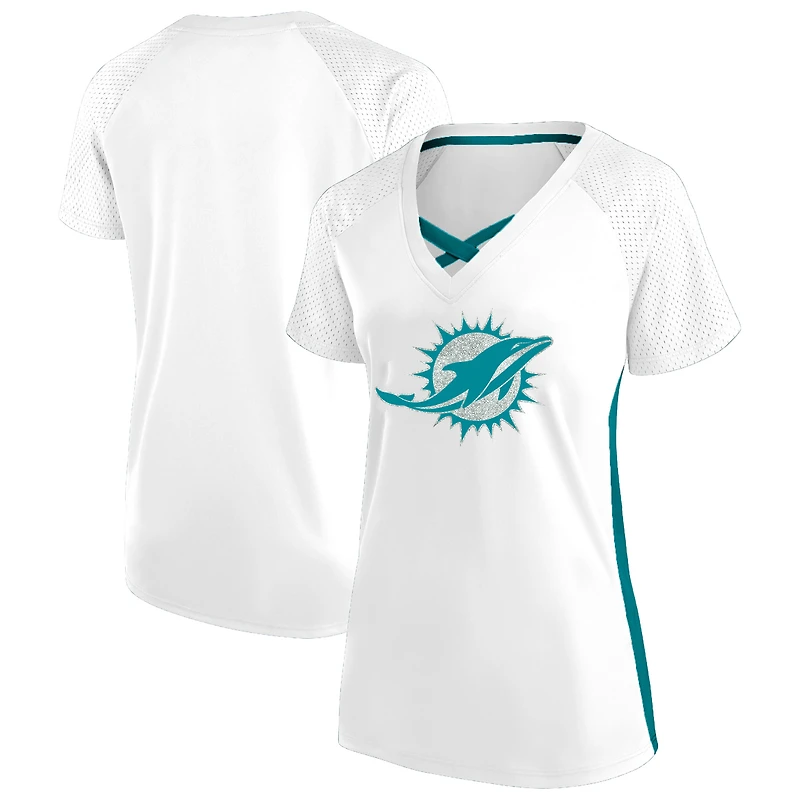 Women's Fanatics White Miami Dolphins Plus Glitter Lace-Up V- Neck T-Shirt