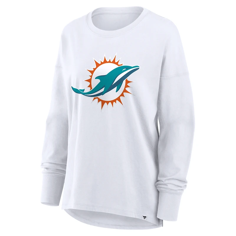 T-shirt à manches longues Fanatics blanc Miami Dolphins pour femme, coupe décontractée.