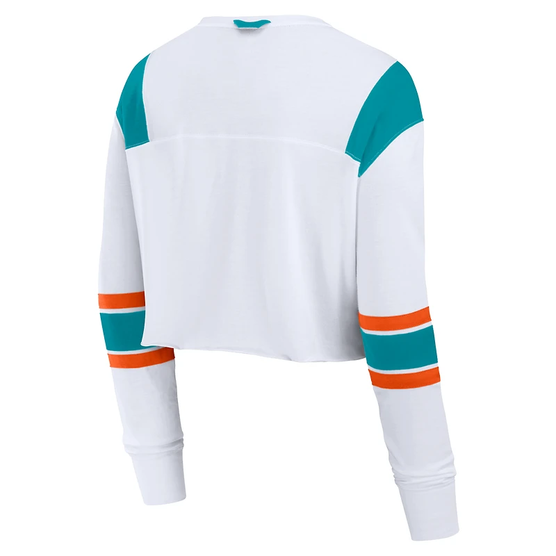 T-shirt à manches longues extensible et court pour femme Fanatics des Miami Dolphins blanc