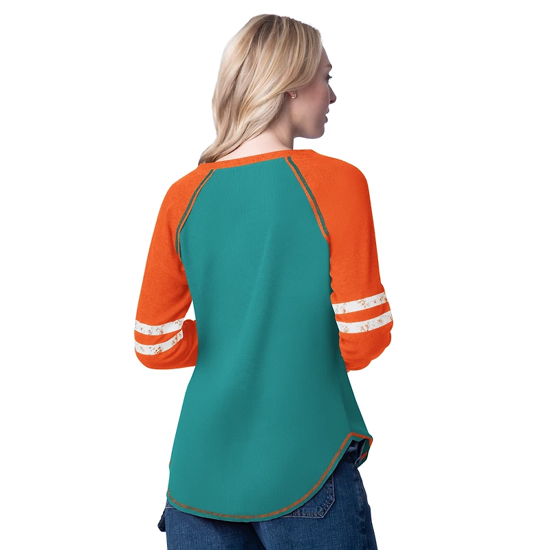 T-shirt à manches longues pour femme G-III 4Her by Carl Banks Aqua/Orange Miami Dolphins Winner