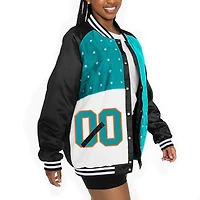 Veste bomber surdimensionnée noire/aqua Gameday Couture pour femme des Miami Dolphins avec strass et boutons-pression