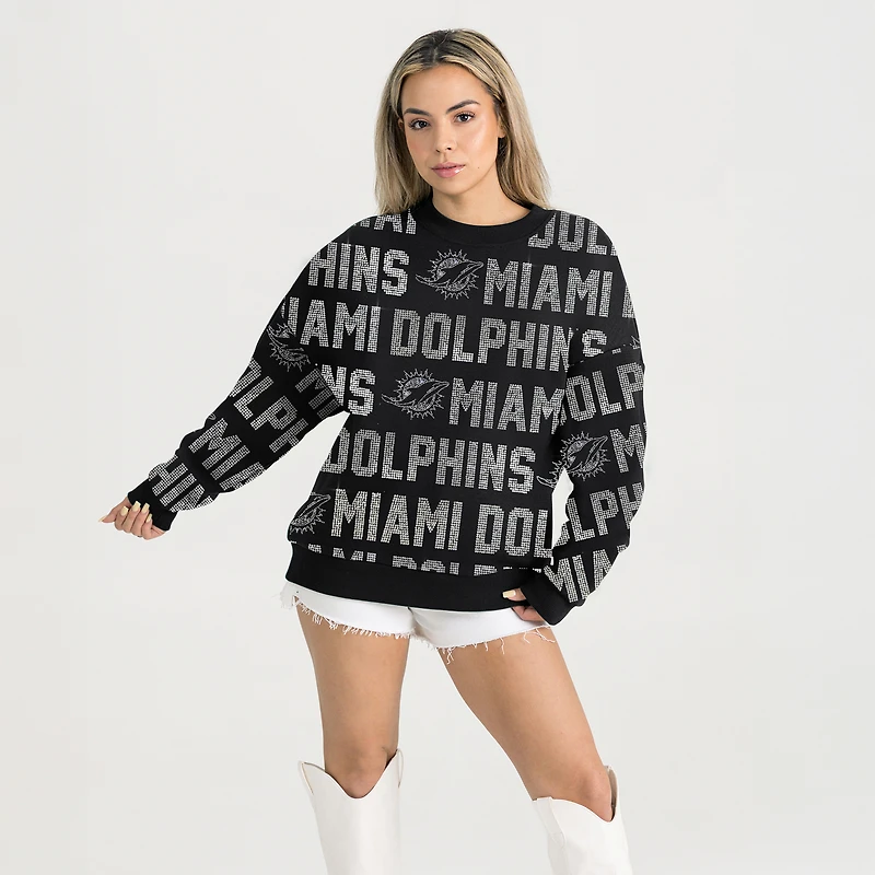 Women's Gameday Couture Black Miami Dolphins Oversized Hype Era Rhinestone Text Sweatshirt