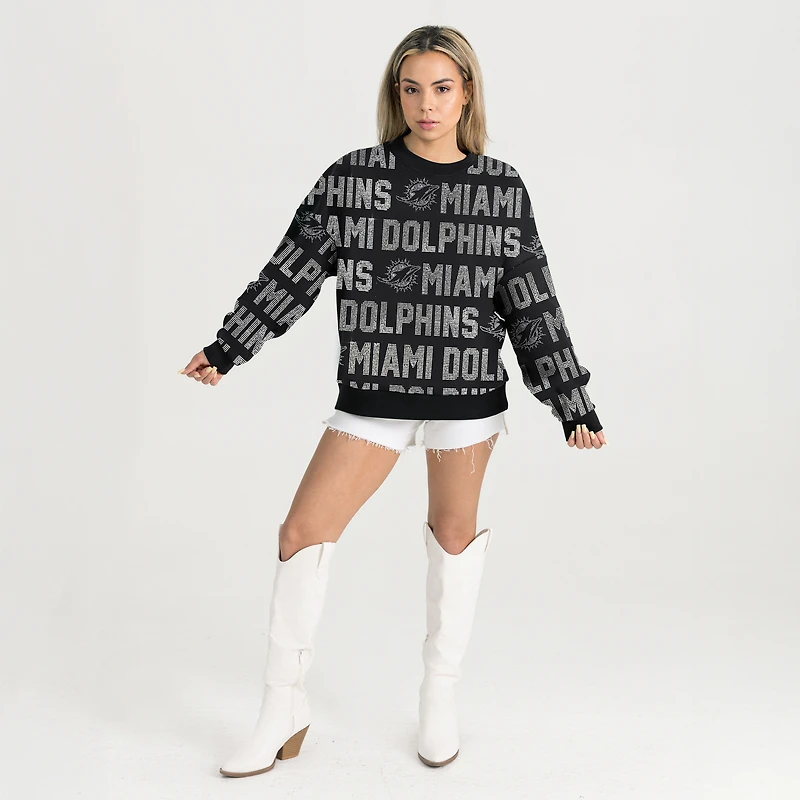 Women's Gameday Couture Black Miami Dolphins Oversized Hype Era Rhinestone Text Sweatshirt