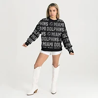 Women's Gameday Couture Black Miami Dolphins Oversized Hype Era Rhinestone Text Sweatshirt