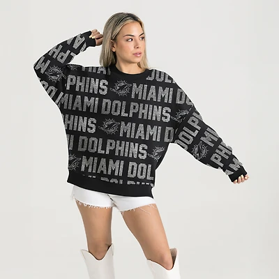Women's Gameday Couture Black Miami Dolphins Oversized Hype Era Rhinestone Text Sweatshirt