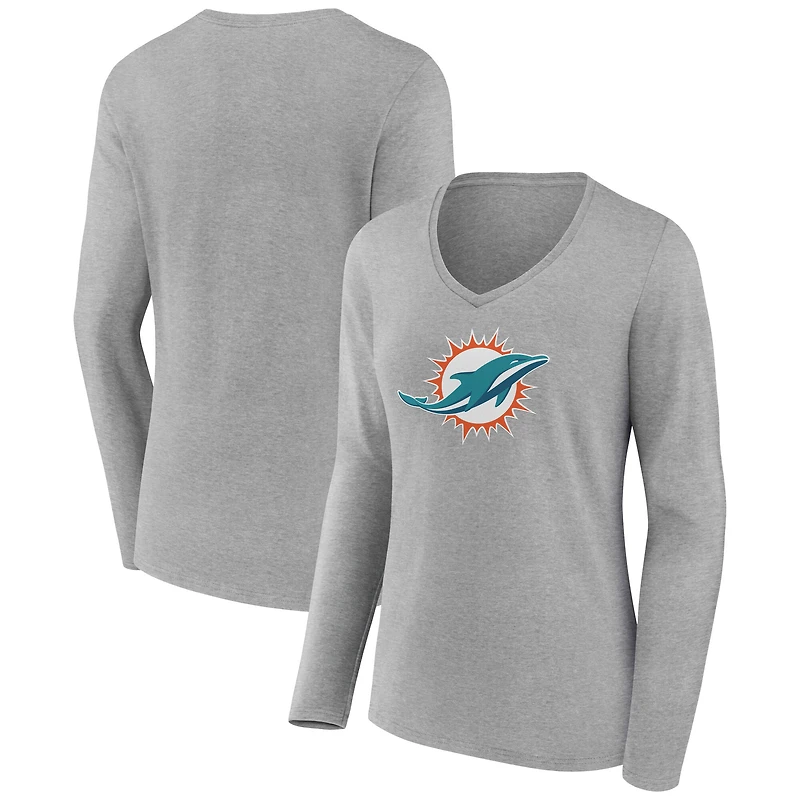 Women's  Gray Miami Dolphins Primary Logo Long Sleeve V-Neck T-Shirt