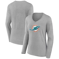 Women's  Gray Miami Dolphins Primary Logo Long Sleeve V-Neck T-Shirt