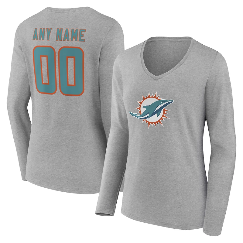 Women's Gray Miami Dolphins Team Authentic Personalized Name & Number Long Sleeve V-Neck T-Shirt