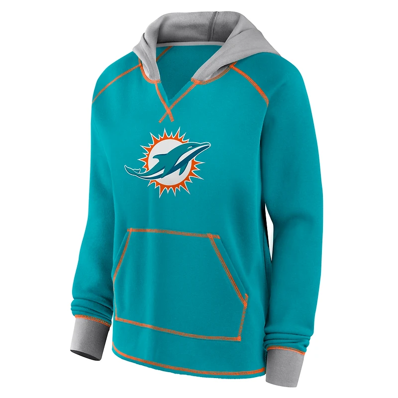 Women's Logo Athletic Aqua Miami Dolphins Boom Fleece Pullover V-Neck Hoodie
