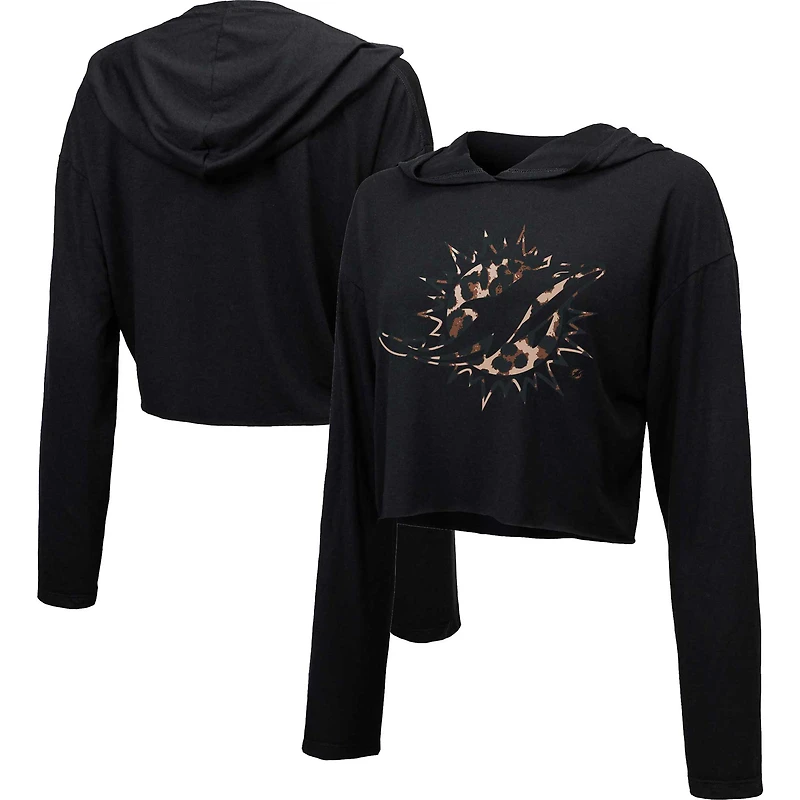 Majestic Threads Sweat à capuche court léopard Miami Dolphins noir pour femme