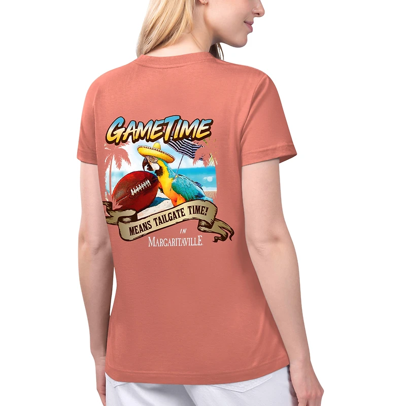 Women's Margaritaville Coral Miami Dolphins Game Time V-Neck T-Shirt