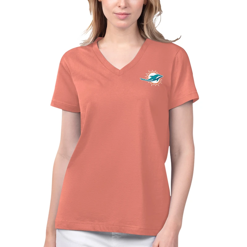 T-shirt à col en V pour femmes Margaritaville Coral Miami Dolphins Game Time