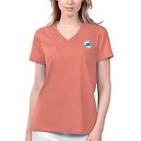 T-shirt à col en V pour femmes Margaritaville Coral Miami Dolphins Game Time