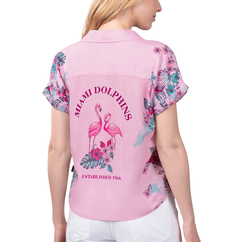 Chemise boutonnée nouée sur le devant du stade des Dolphins de Miami rose Margaritaville pour femmes