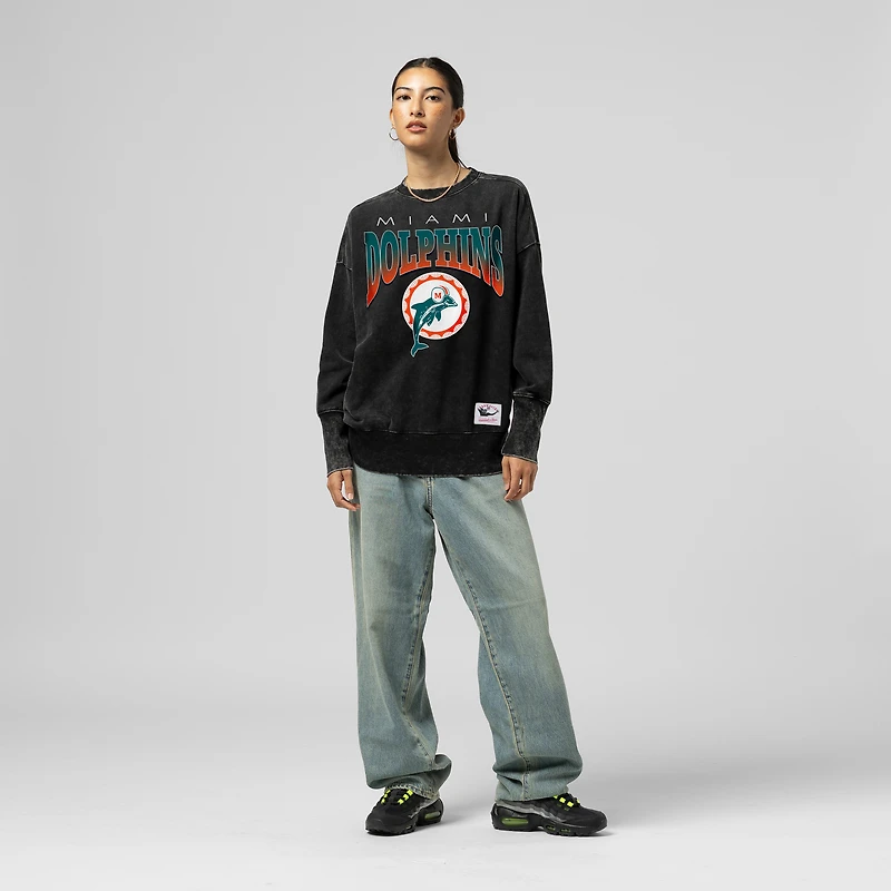 Women's Mitchell & Ness  Black Miami Dolphins Delineate Mineral Wash Crewneck Sweatshirt