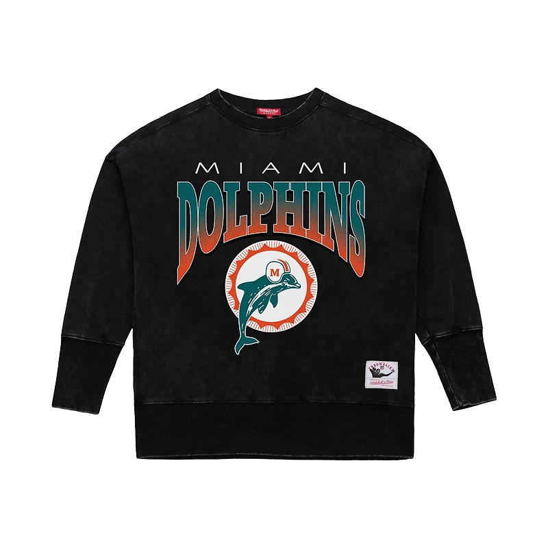Sweat-shirt ras du cou noir délavé minéral Mitchell & Ness pour femme, Miami Dolphins