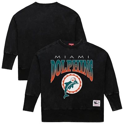 Sweat-shirt ras du cou noir délavé minéral Mitchell & Ness pour femme, Miami Dolphins