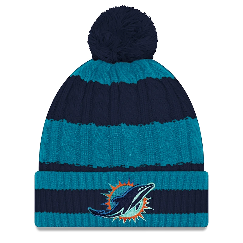 Women's New Era Pitch Blue Miami Dolphins 2025 Rivalries Collection Fan Pack Braided Cuffed Knit Hat with Pom