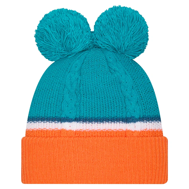 Bonnet en tricot à revers à double bulle avec pompons pour femme New Era Aqua Miami Dolphins