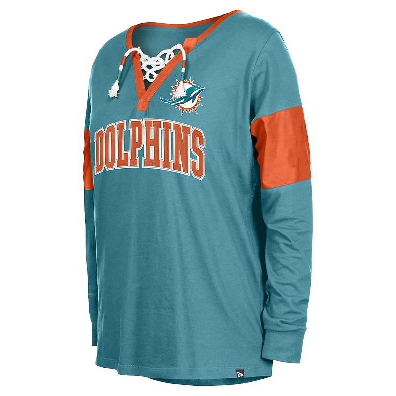 T-shirt à manches longues et col cranté lacets pour femme New Era Aqua Miami Dolphins