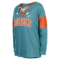 T-shirt à manches longues et col cranté lacets pour femme New Era Aqua Miami Dolphins