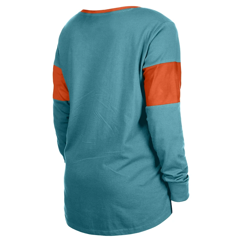 T-shirt à manches longues et col cranté lacets pour femme New Era Aqua Miami Dolphins
