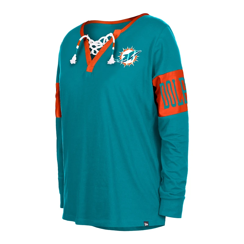T-shirt à manches longues et col cranté Miami Dolphins Aqua New Era pour femme