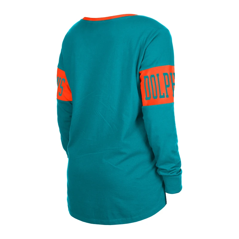 T-shirt à manches longues et col cranté Miami Dolphins Aqua New Era pour femme