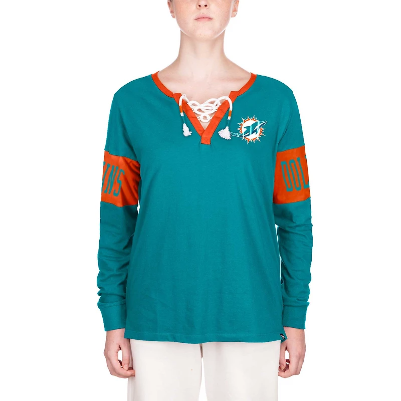 T-shirt à manches longues et col cranté Miami Dolphins Aqua New Era pour femme
