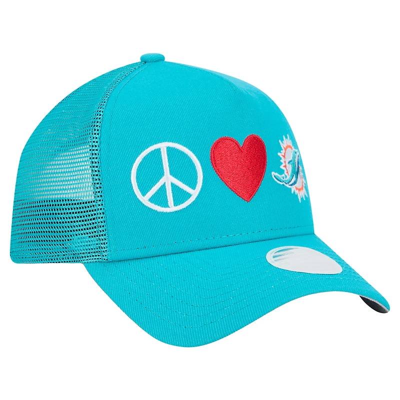 Casquette ajustable Peace & Love Trucker 9FORTY pour femme New Era Aqua Miami Dolphins