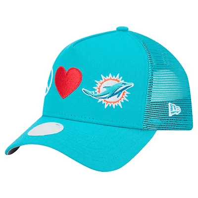 Casquette ajustable Peace & Love Trucker 9FORTY pour femme New Era Aqua Miami Dolphins