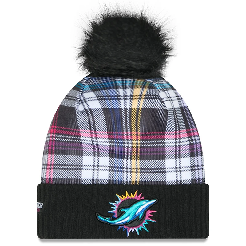 Bonnet en tricot à revers avec pompon NFL Crucial Catch 2024 Miami Dolphins New Era noir pour femme