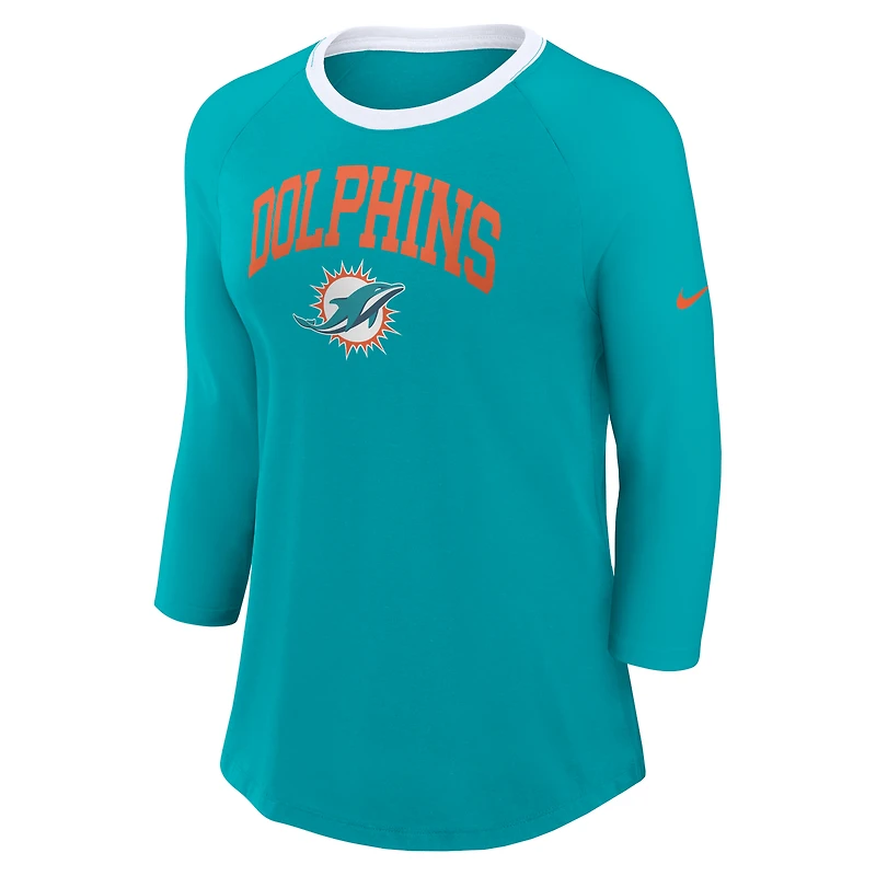 Haut raglan à manches 3/4 Nike Aqua Miami Dolphins pour femme
